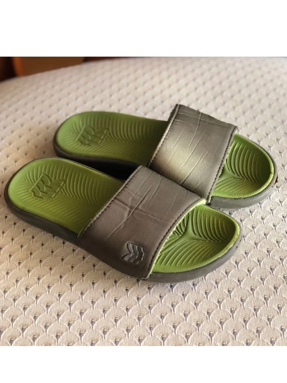 Little Boy Gray Slide Sandals with Lime Green Footbed